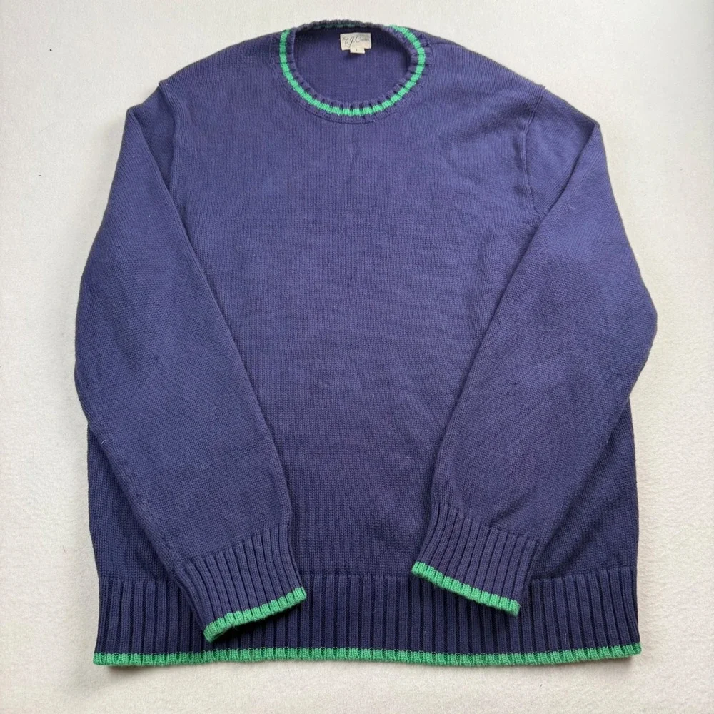 J. Crew‎ Mens Navy Blue Green Tipped Crewneck Knit Sweater Size L